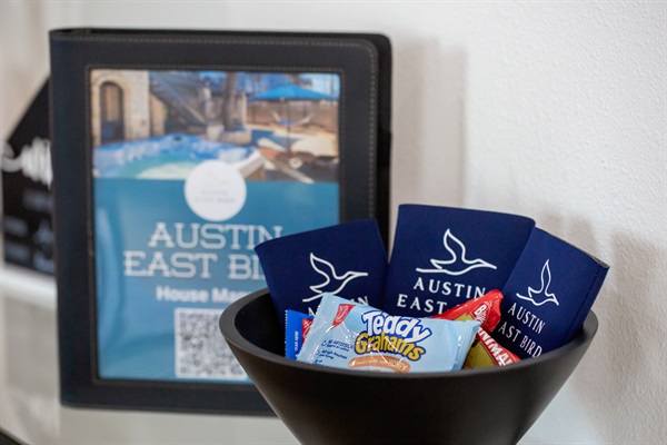 Welcome to Austin East Bird: Enjoy complimentary snacks and local charm at your fingertips!