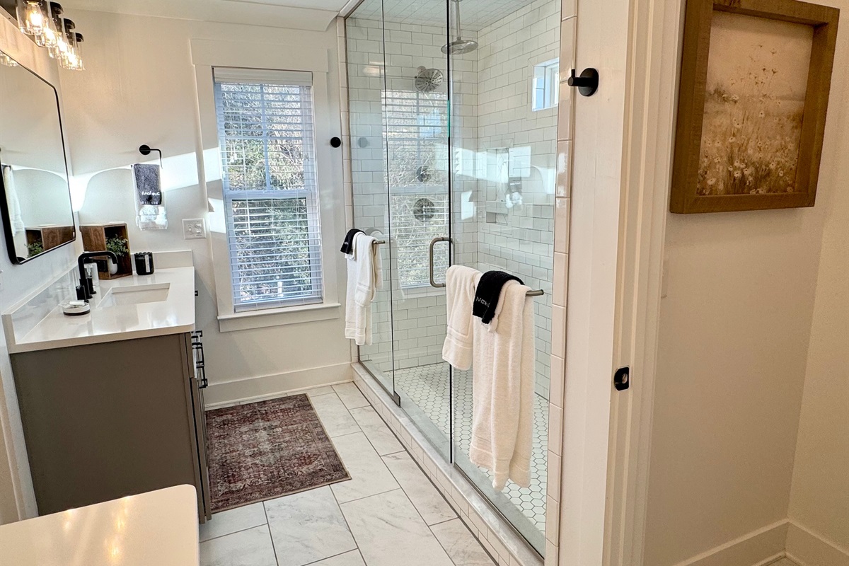 Light filled luxurious master bathroom.