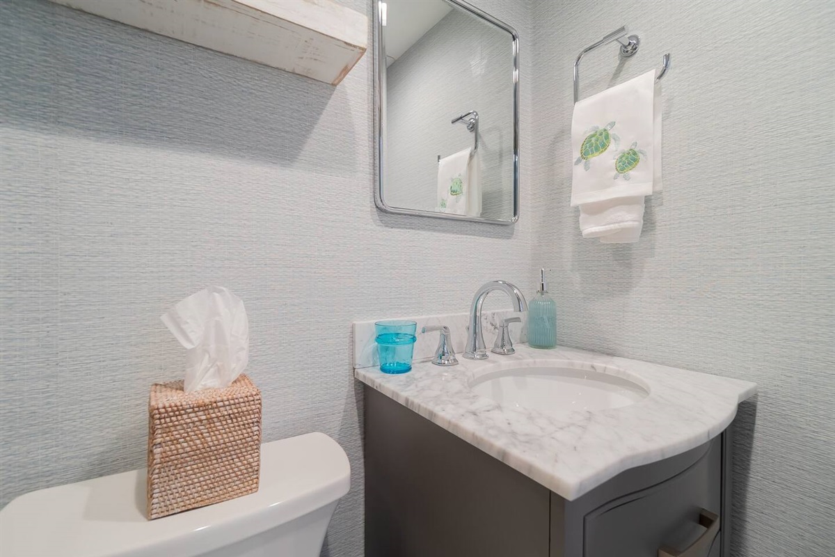 Newly renovated sink area with wallpaper from Thibaut imported from the United Kingdom.