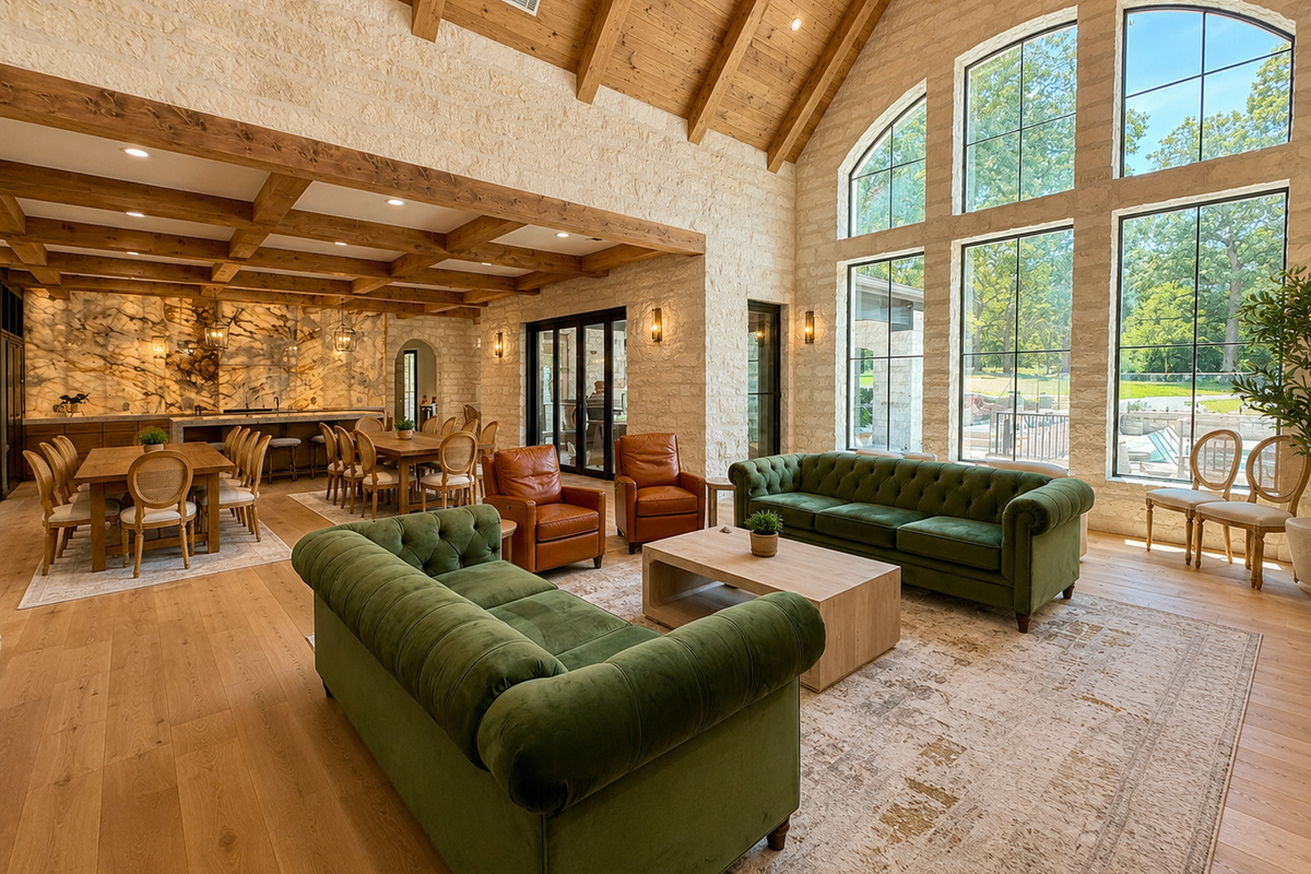 Lodge room facing toward kitchen and dining 