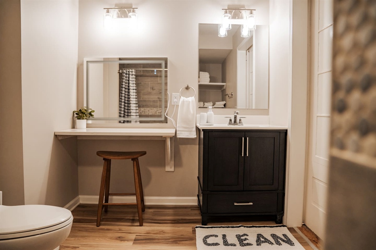 Bathroom with area to do your make up.
Hair dryer is provided.