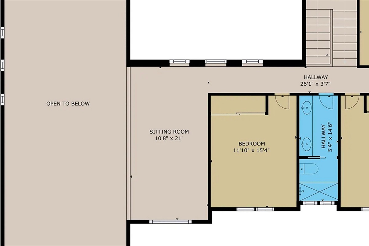 Upper level layout highlighting bedrooms and loft area.