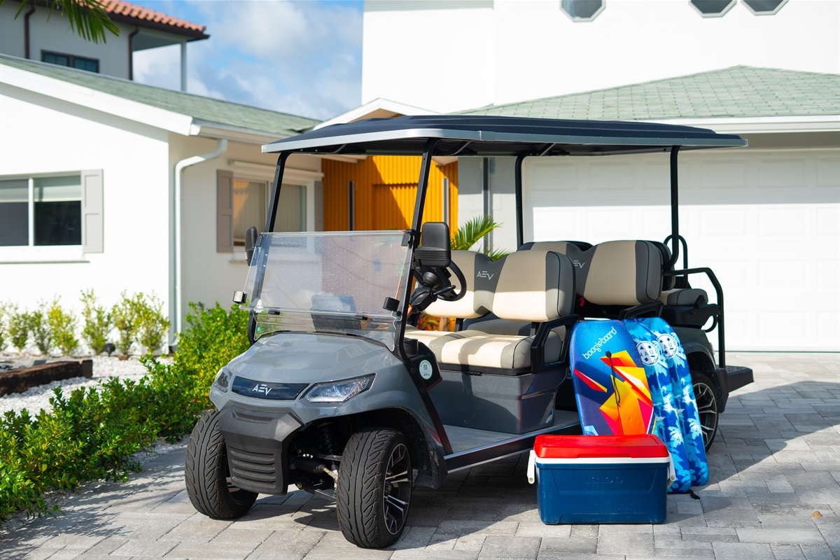 So too is the six-seat golf cart to explore IRB and go to the beach.