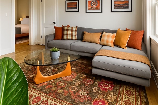 Spacious living area designed for relaxing after a full day exploring Chicago.