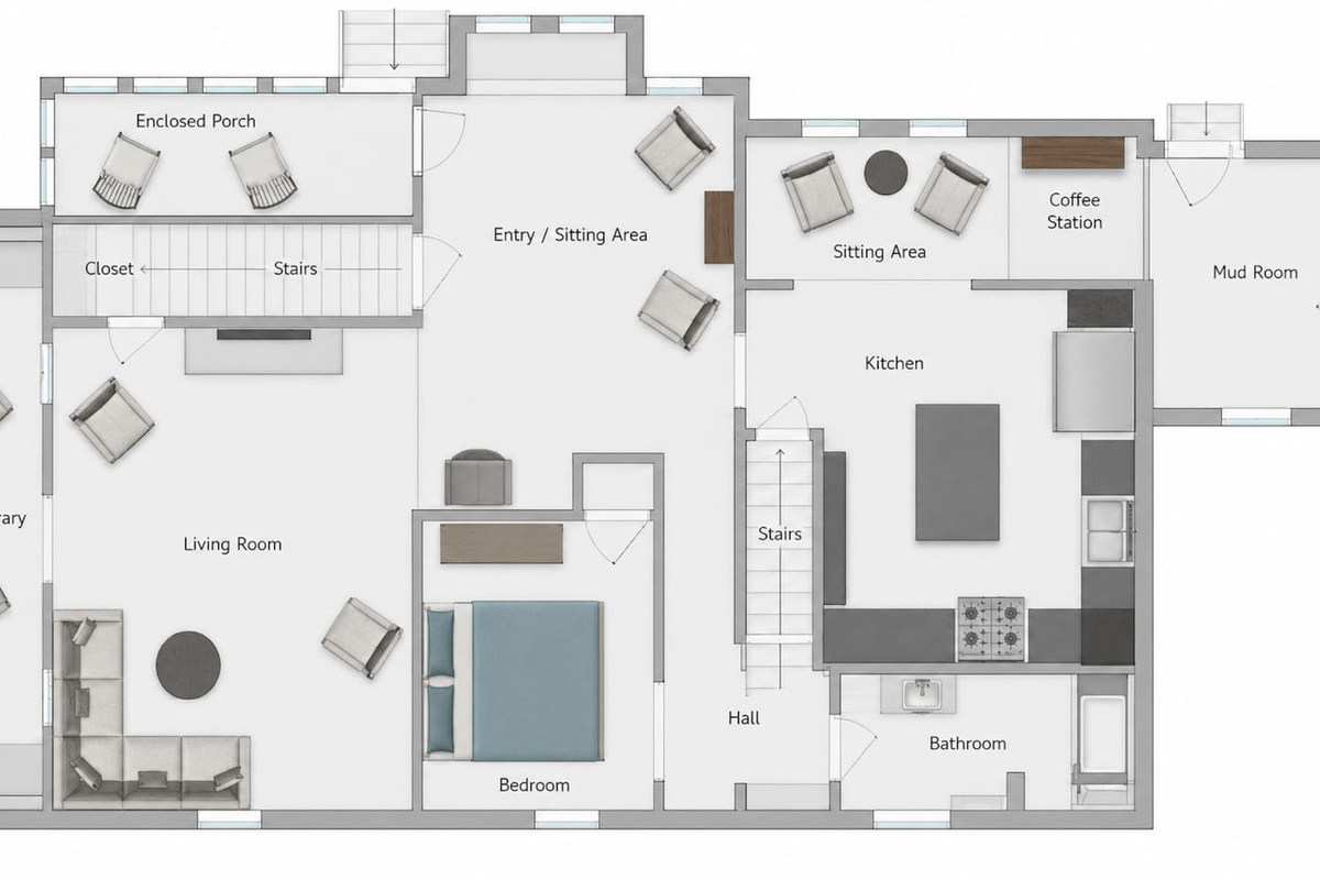 Main-floor layout showing the enclosed front porch, living spaces, bedroom, and bathroom.