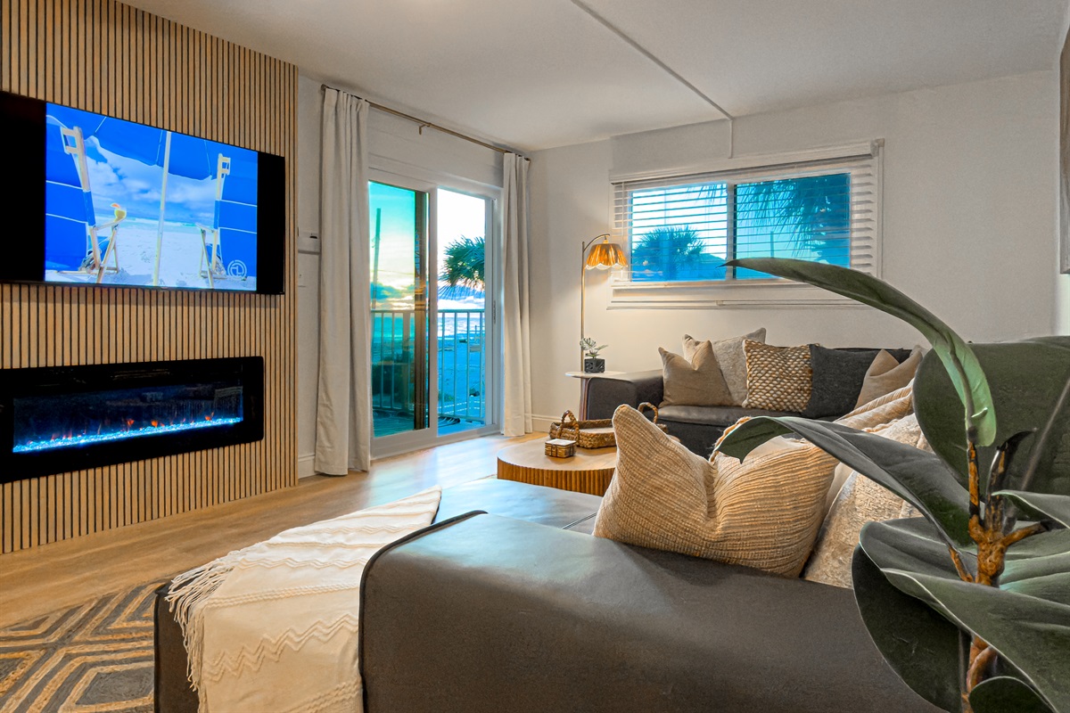 We chose a deep sectional so there is plenty of room for everyone to lounge. The wood slat wall helps keep the room quiet and relaxing for naps.