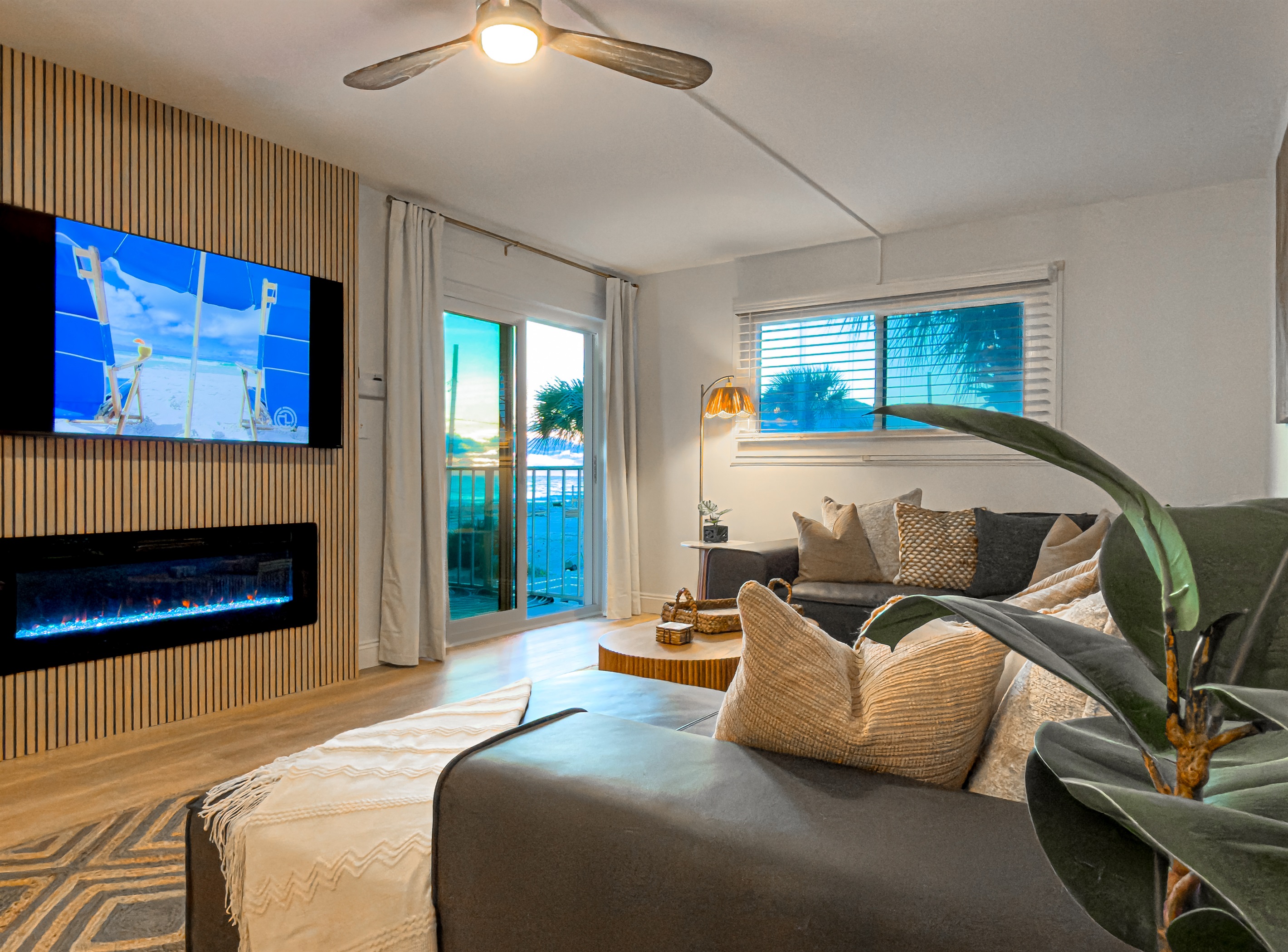 We chose a deep sectional so there is plenty of room for everyone to lounge. The wood slat wall helps keep the room quiet and relaxing for naps.