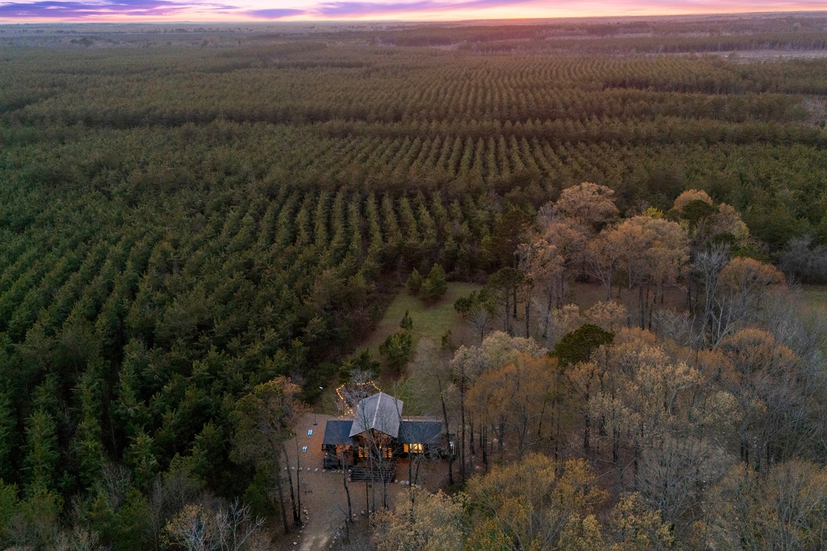 A peaceful aerial view reveals the surrounding forest stretching out in every direction, giving you a true sense of privacy, space, and the natural beauty that surrounds the property.