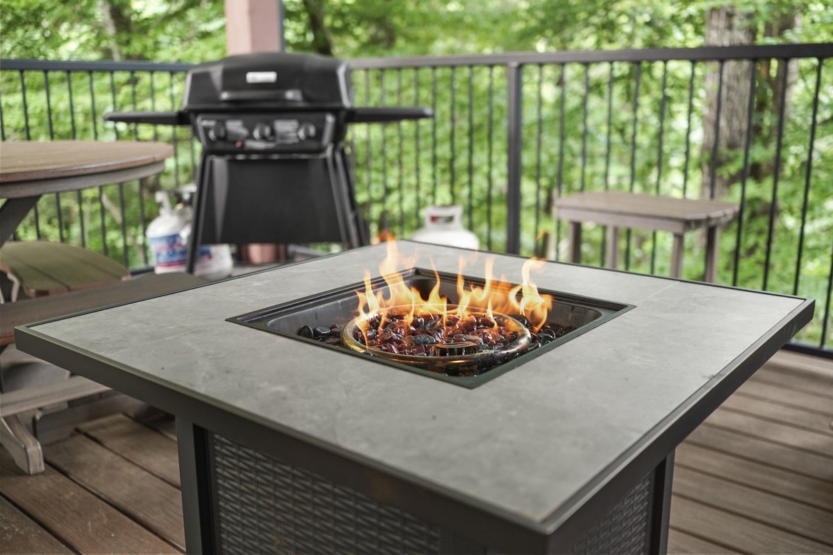 Deck - fire table, fire lit