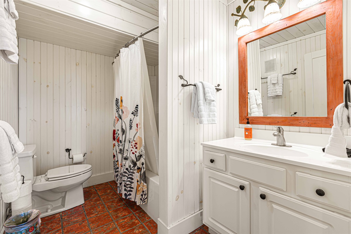 Downstairs Full Bathroom 3: Enjoy a bright space with rustic charm and a refreshing shower experience!