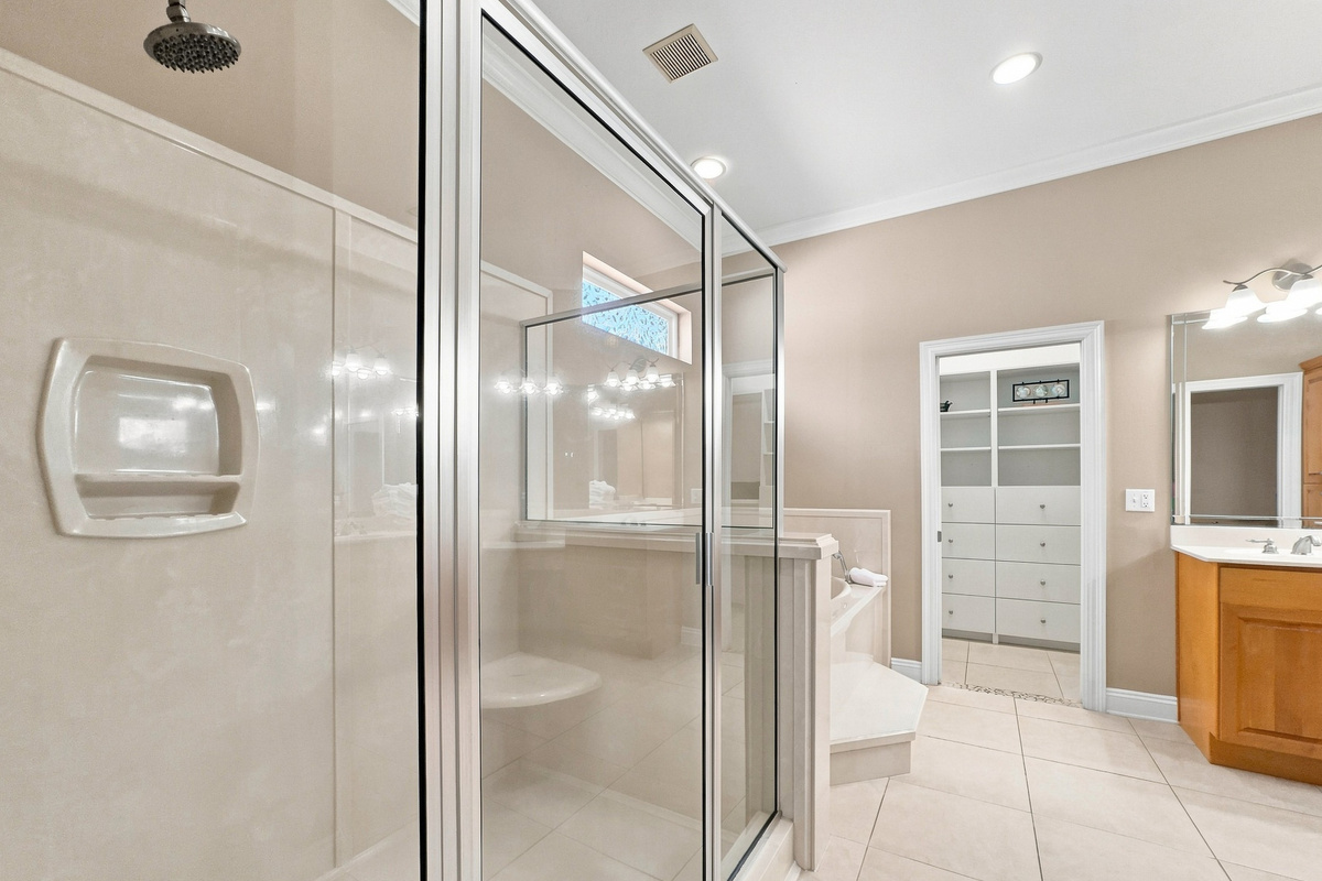Bathroom with a spacious walk-in glass shower
