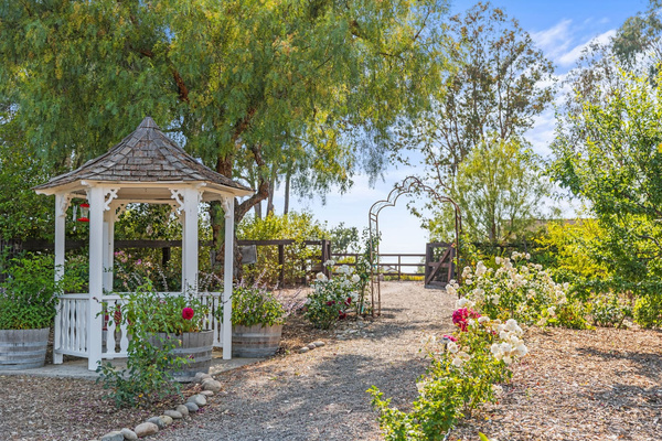 Private driveway, historic gazebo from a Los Olivos tasting room, roses, fruit trees, hummingbirds... and probably some farm animals ready to greet you and get some treats (provided)! 