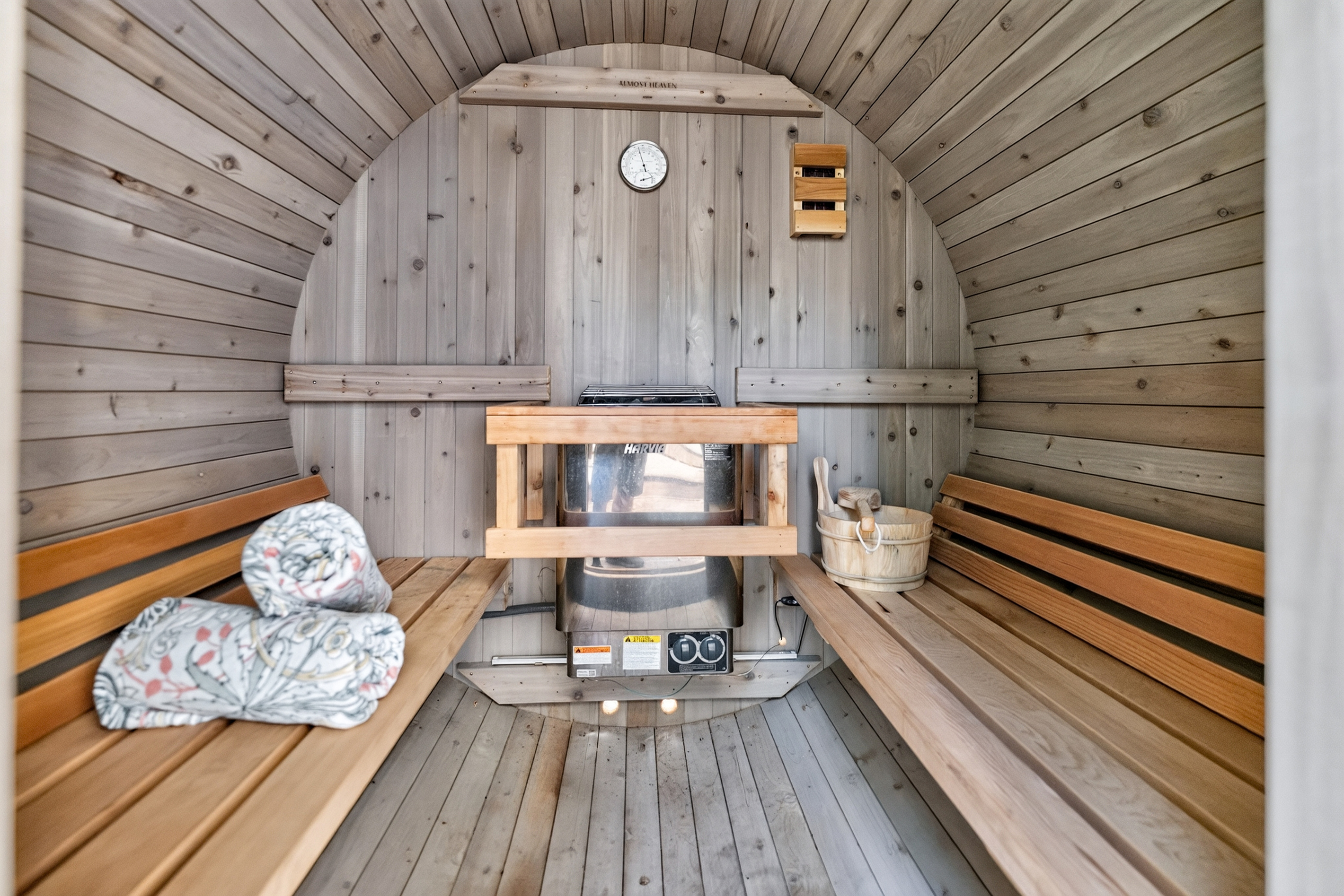Wood-lined interior of the sauna