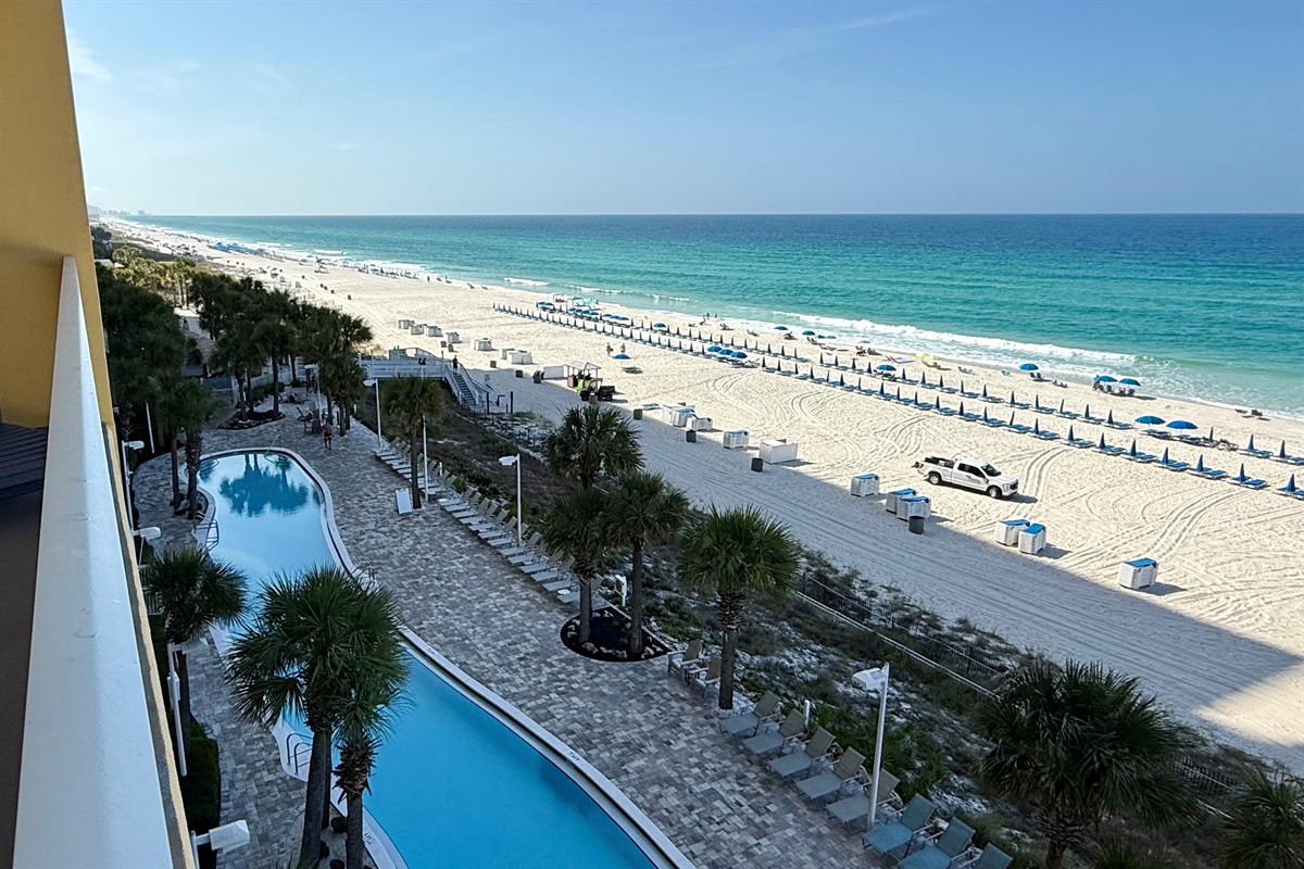 Beautiful view of the lagoon pool and tiki bar from the 5th floor