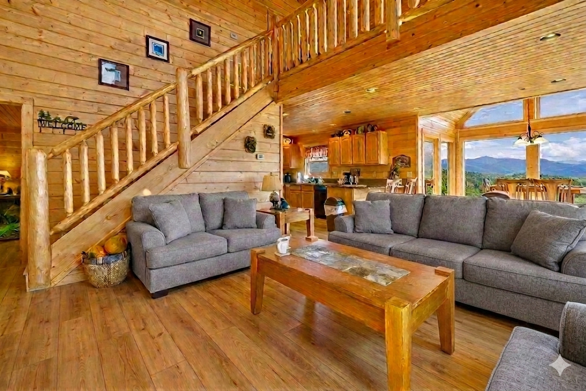 Step into this spacious living room where mornings begin with soft sunlight streaming through the windows and evenings end with laughter by the fire. It’s the heart of the cabin a place to gather, relax, and make memories that linger long after your stay.