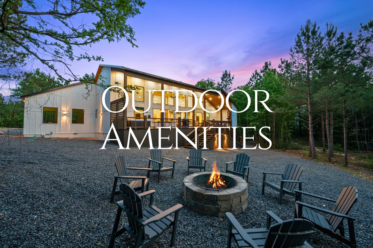Outdoor spaces throughout the property invite you to relax, play games, enjoy meals together, and fully take in the peaceful wooded surroundings.