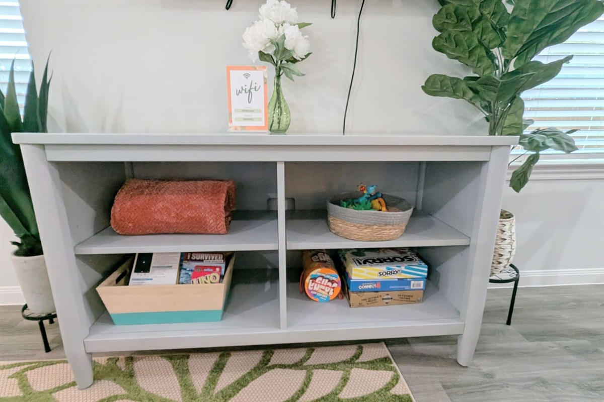 Games, books, and toys are easy to access for all ages of guests. 