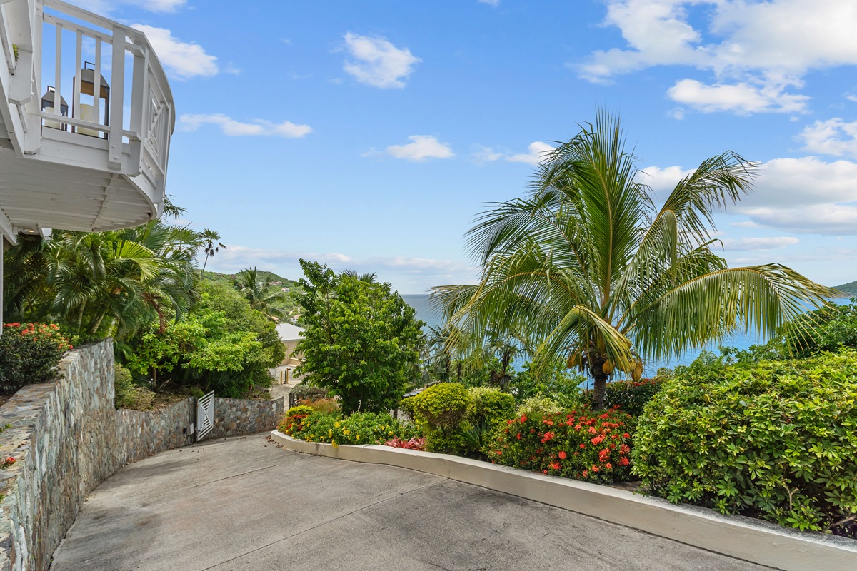 Tropical landscaping, lush plants, and walkways that make even coming home feel like a vacation.