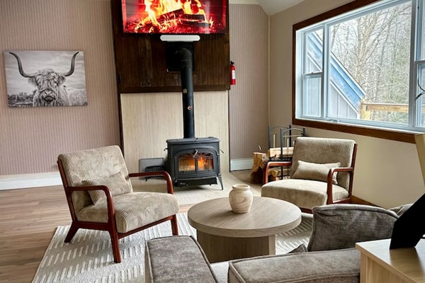 Living room with mountain views. Relax in the cozy wood stove. 
