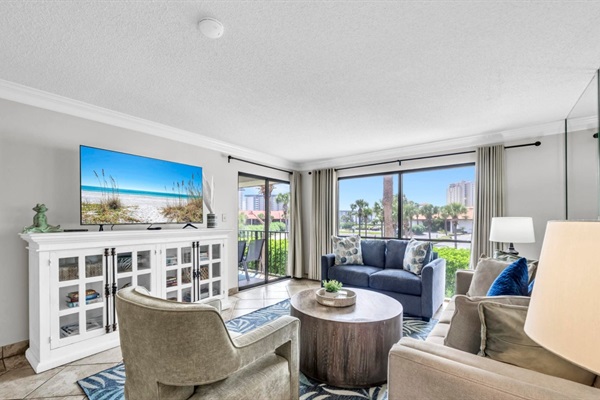 Living Area with smart TV, Balcony