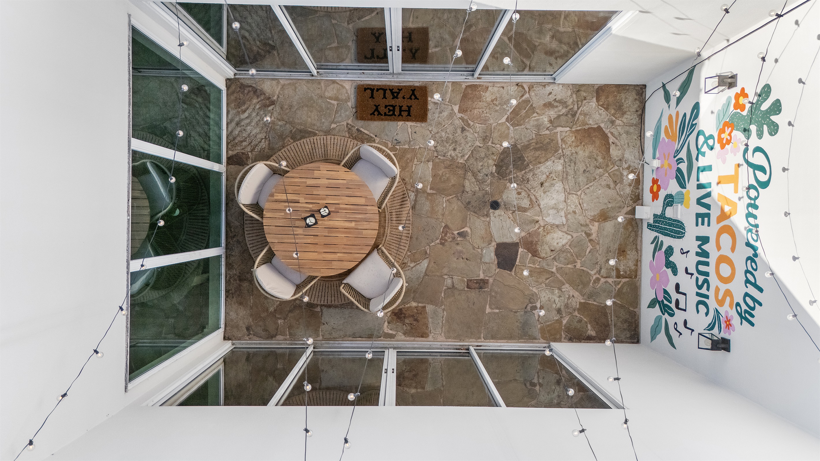 Aerial view of the courtyard in the middle of the home.