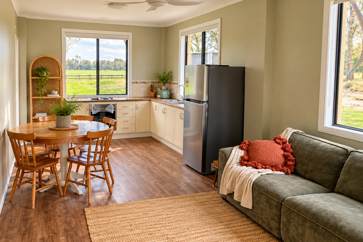 A charming self-contained unit space featuring a practical kitchen, dining table and cosy lounge area for a relaxing stay.