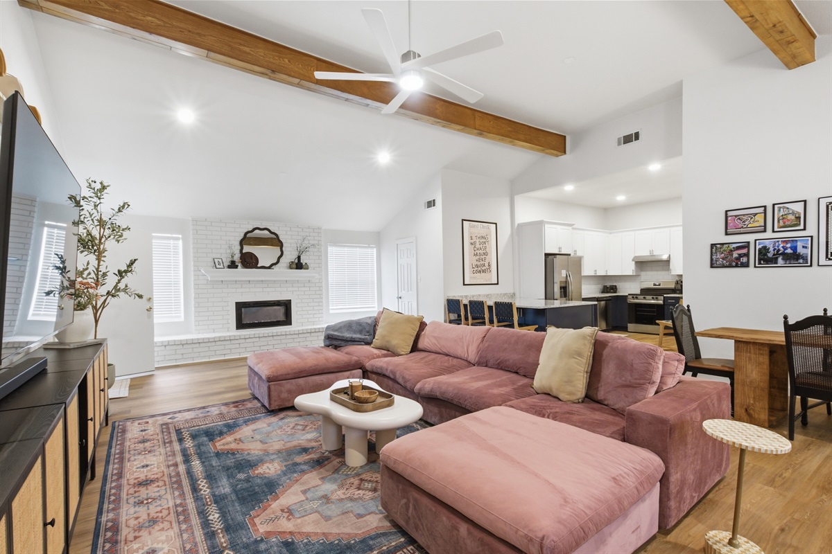 Sectional seating with area rug, Board Games, and Books available for guests. High-speed Wi-Fi throughout. Walk to AT&T Stadium and Globe Life Field from this Arlington home.