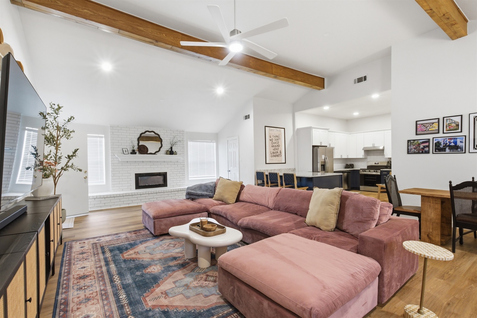 Sectional seating with area rug, Board Games, and Books available for guests. High-speed Wi-Fi throughout. Walk to AT&T Stadium and Globe Life Field from this Arlington home.