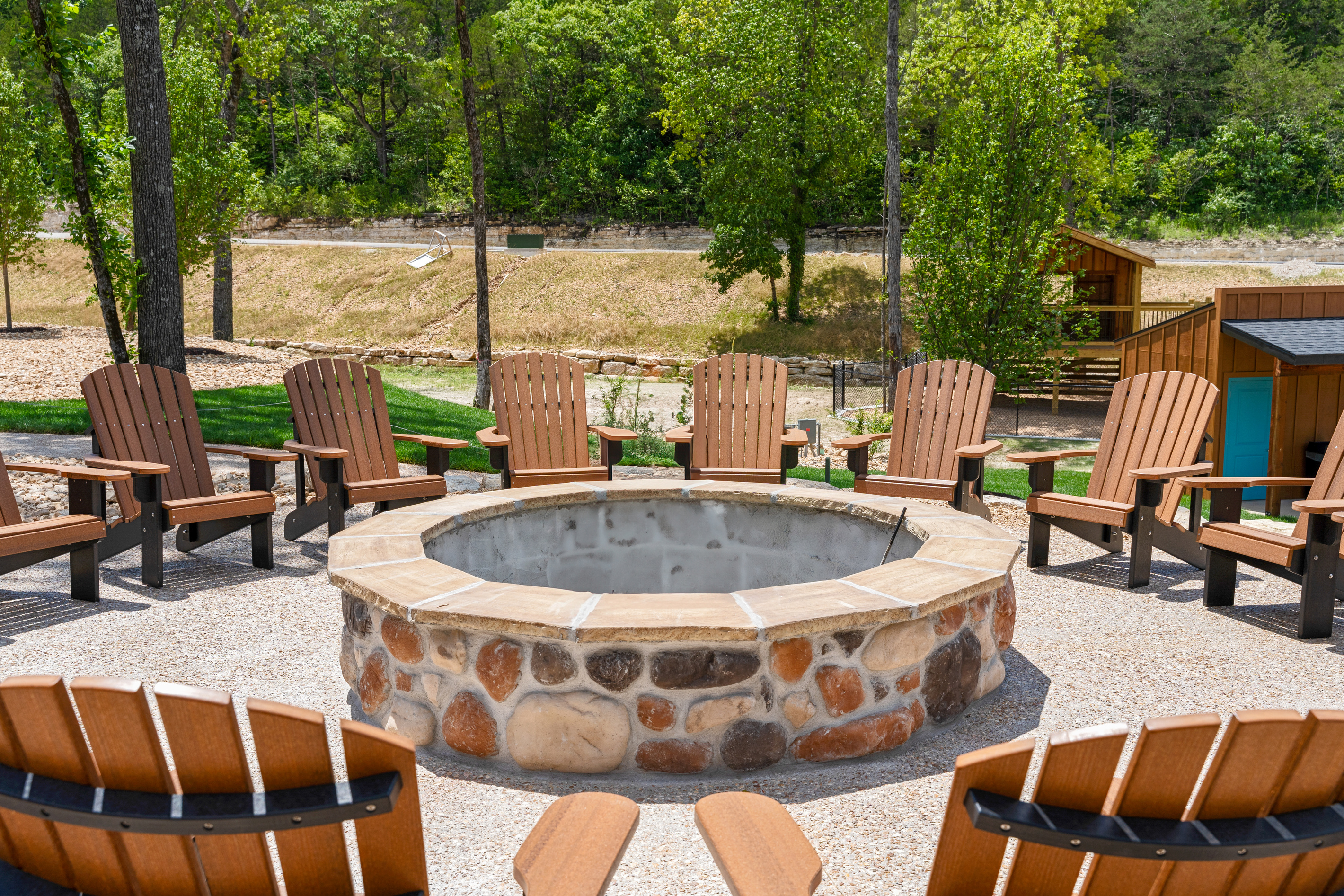Gather around the stone fire pit as the Ozark evening cools ,  s'mores and stories included.