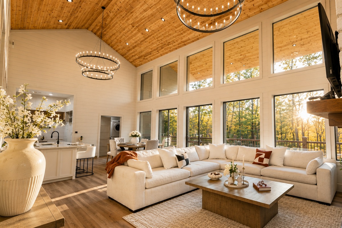 Great Room: Sunlit space with stunning views, perfect for gatherings and relaxation by the fireplace!