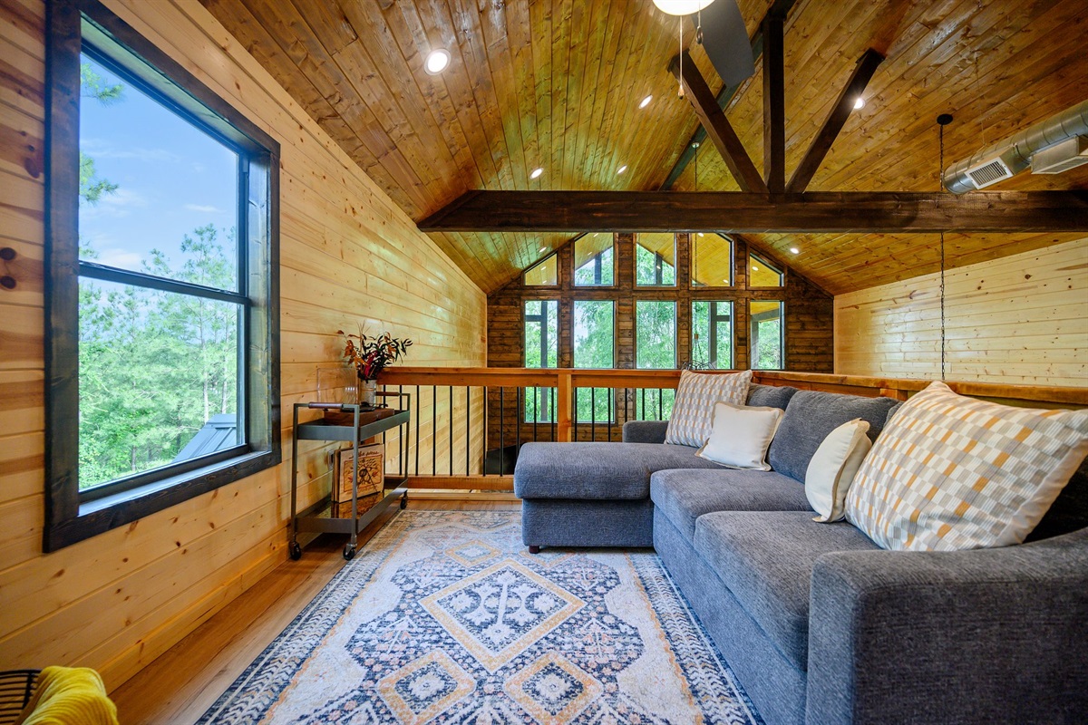 Game loft with a view. Sofa is a full size sleeper sofa.