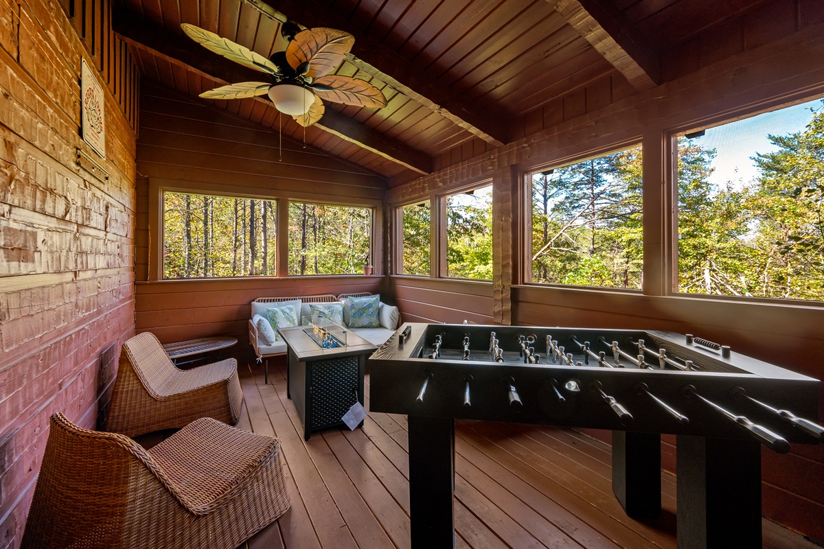 Covered, Private, Screened Porch! Gas Firepit and Foosball!