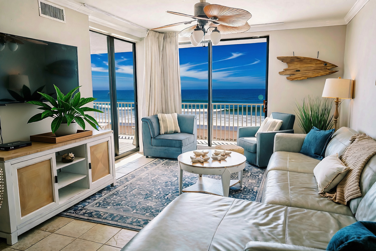 Comfortable seating, updated space with coastal textures. Be at the beach but have those modern designs and comforts.