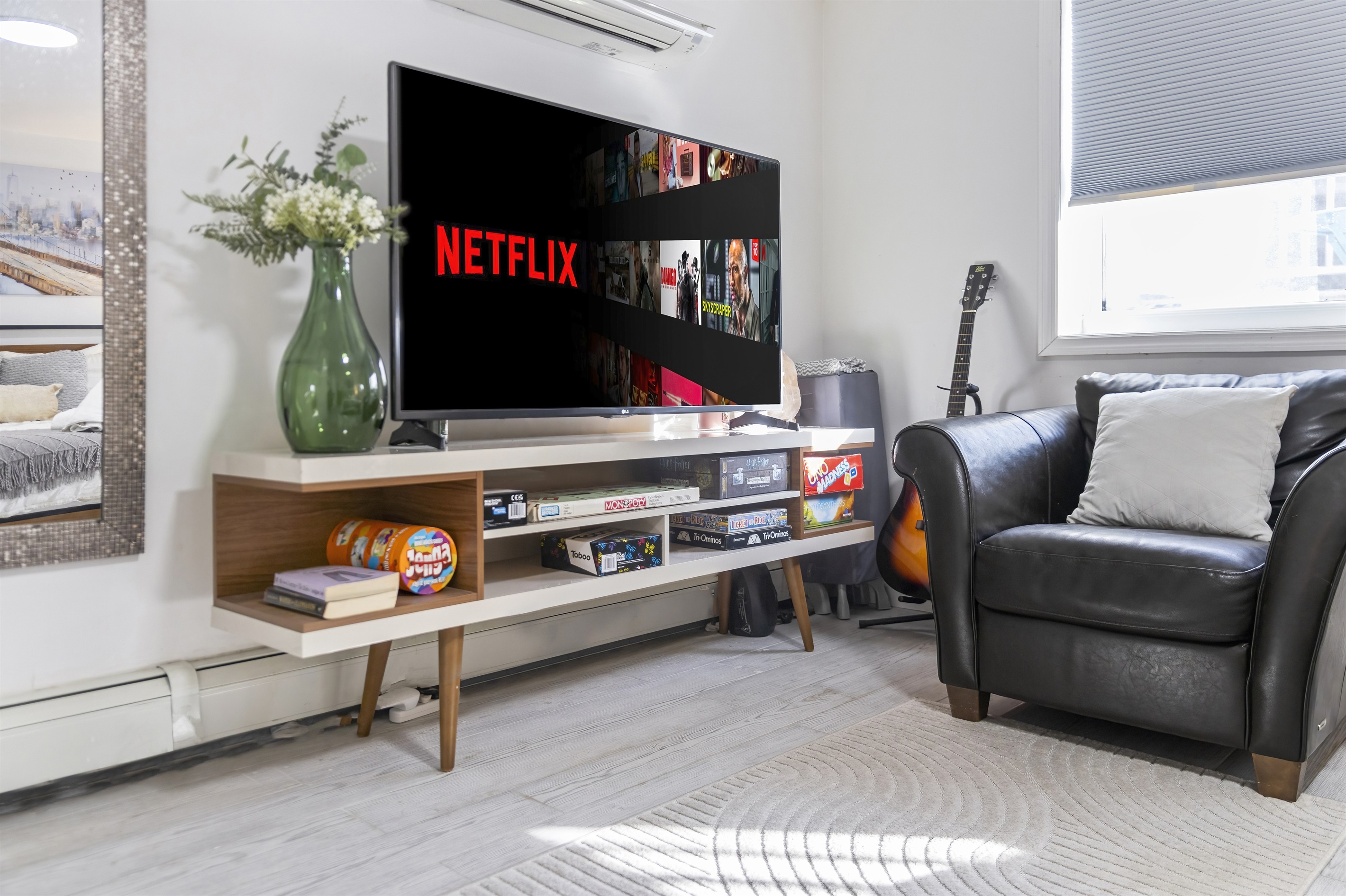 Sink into the armchair with a show, a game, or a guitar nearby and enjoy the kind of downtime NYC rarely offers.