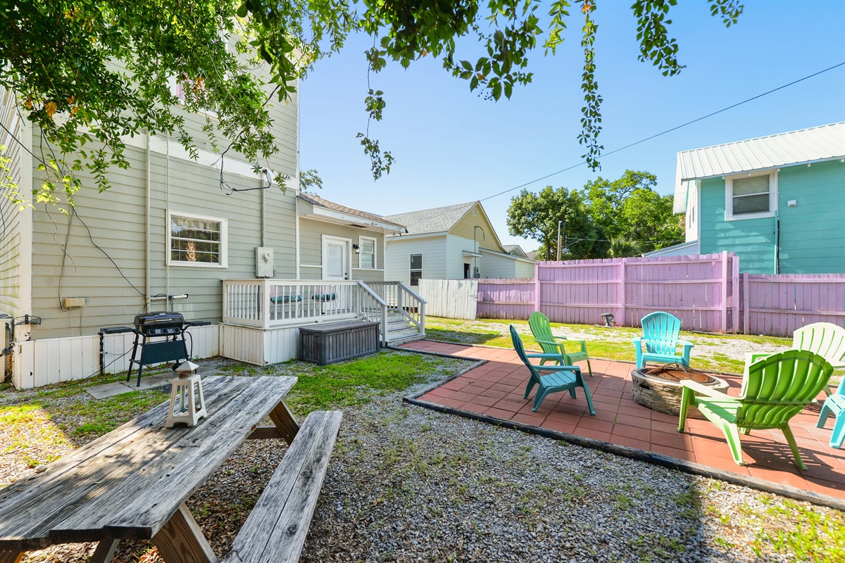 Backyard, firepit, seating. grill.