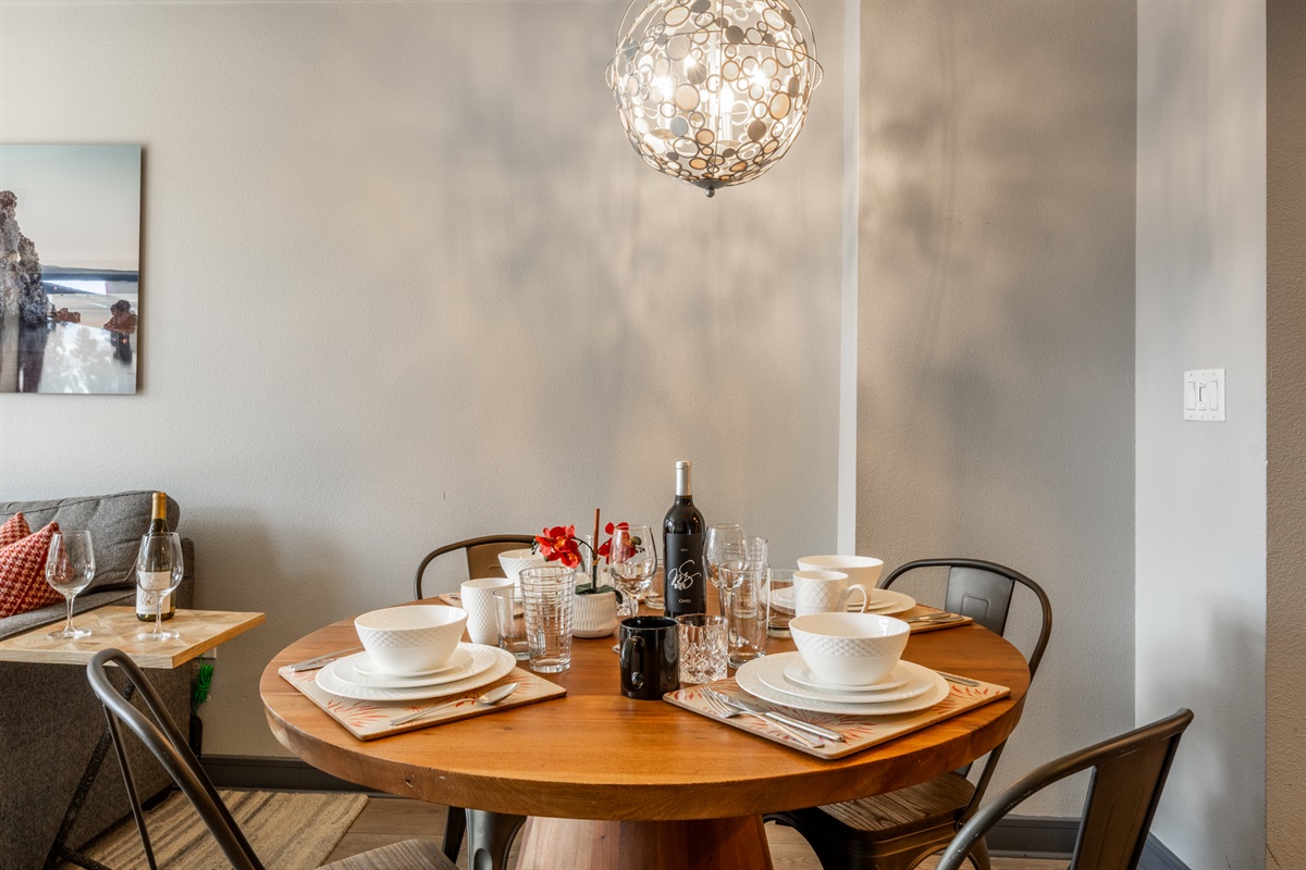 Enjoy shared meals, games, or lingering morning at the the modern, hardwood table.