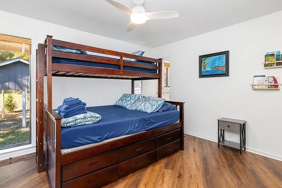 New updated pictures of room arrangement coming by Feb 15. Bunk beds no longer applicable. This room is queen bed with a pull out trundle!
