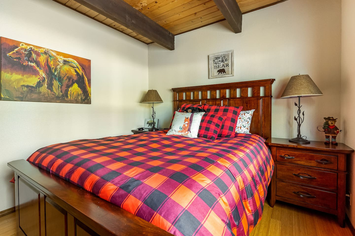 The "Bear Cave" - the second bedroom (main floor) features a queen-sized bed and overlooks the peaceful backyard.  This room also has a TV with Chromcast.