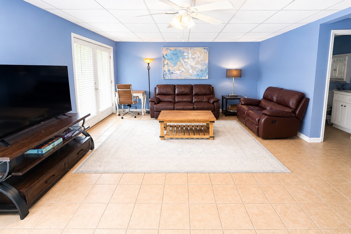Spacious lower-level lounge with comfortable seating