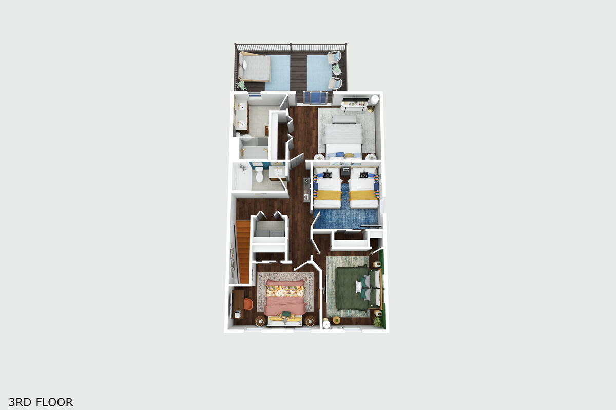 3D floor plan rendering of the upper level featuring 4 bedrooms (3 Kings + room with double full beds), 2 full bathrooms, laundry, and walkout from primary suite to upper level deck.