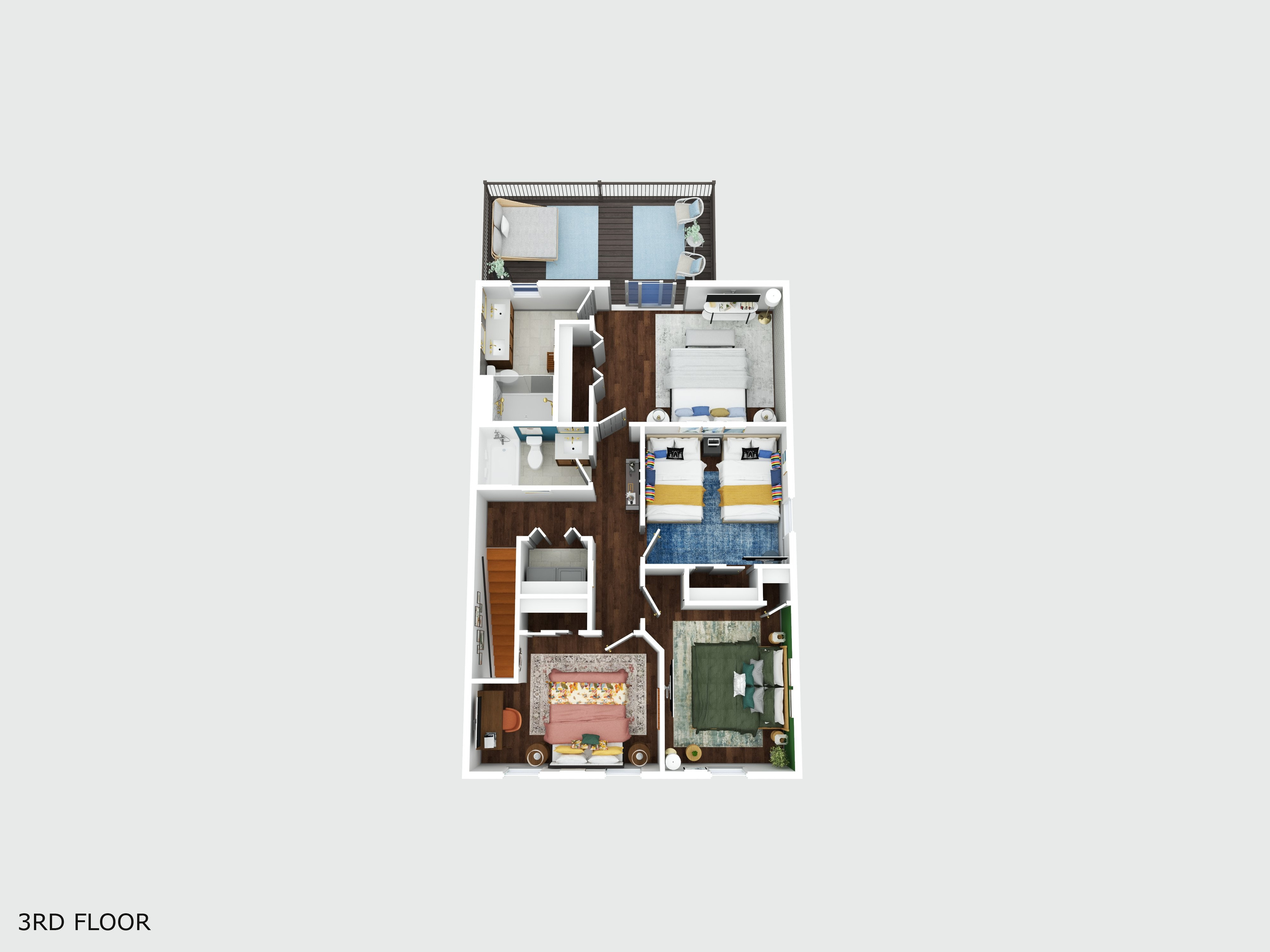 3D floor plan rendering of the upper level featuring 4 bedrooms (3 Kings + room with double full beds), 2 full bathrooms, laundry, and walkout from primary suite to upper level deck.
