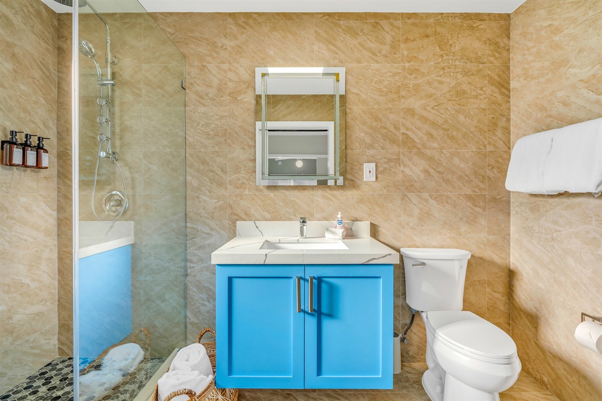 A nicely renovated modern on suite bathroom with a walk in shower.