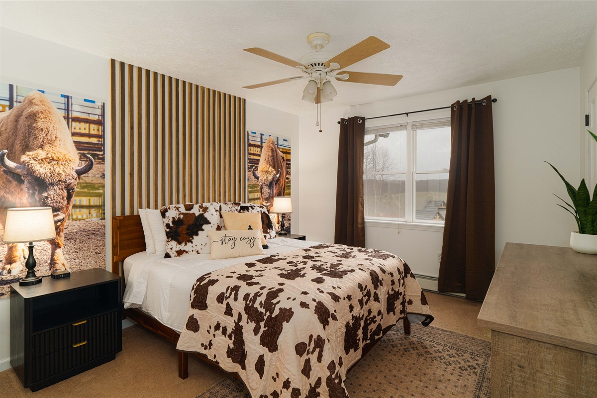 Buffalo-Themed Queen Bedroom — cozy, stylish, and full of farmhouse charm.
