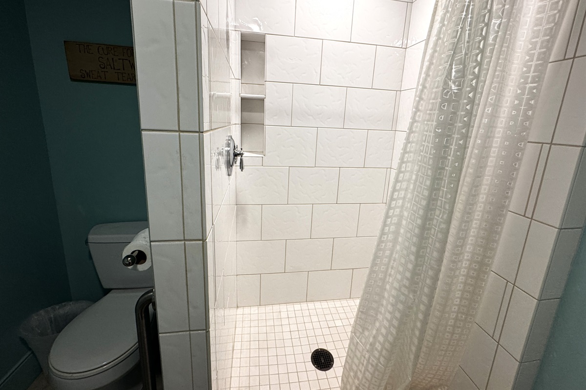 Lower level full bathroom featuring a modern walk-in tile shower. This bathroom is conveniently located just off the hallway between the media room and the twin guest room, providing privacy and easy access for the entire lower floor.