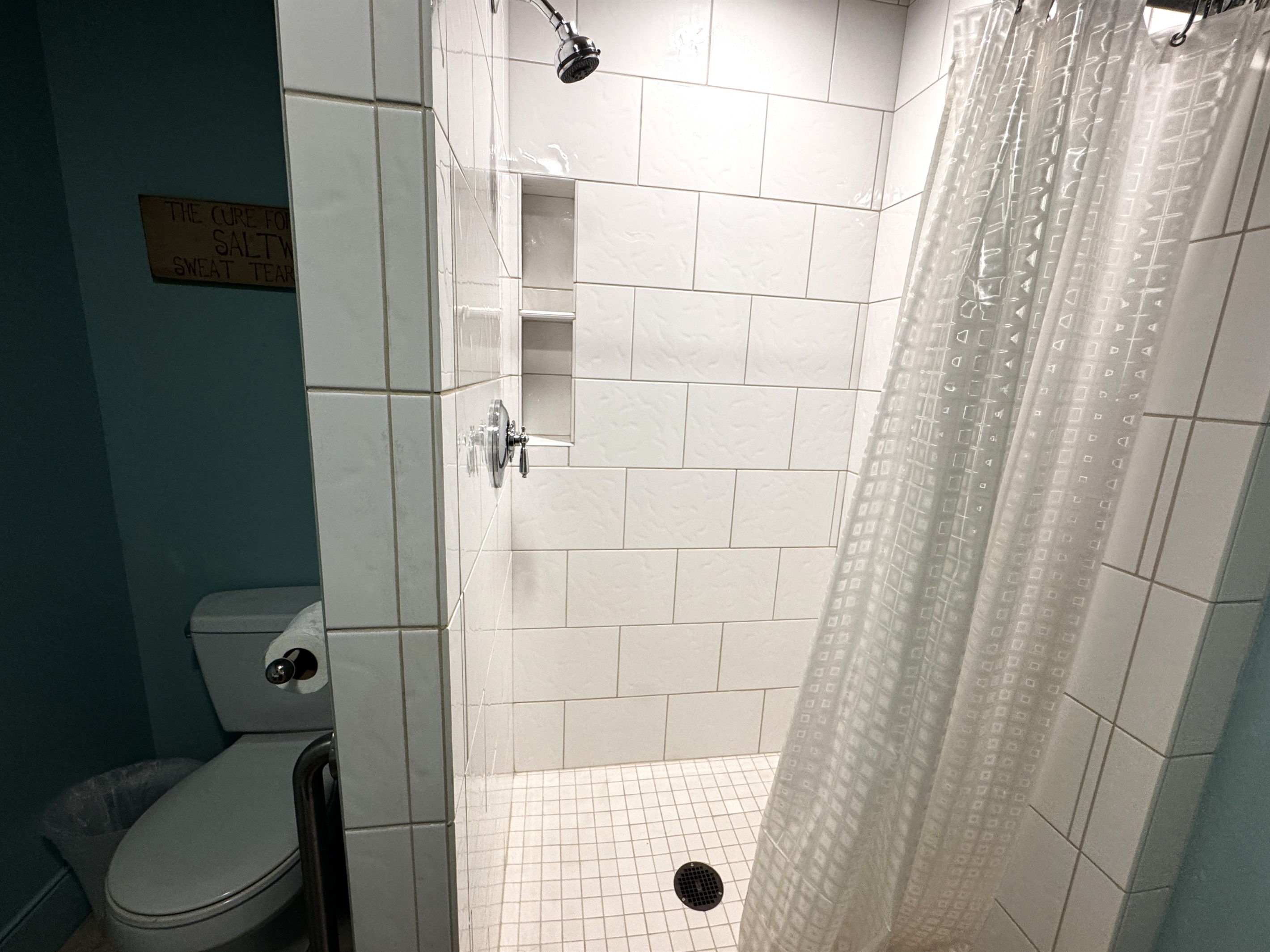 Lower level full bathroom featuring a modern walk-in tile shower. This bathroom is conveniently located just off the hallway between the media room and the twin guest room, providing privacy and easy access for the entire lower floor.