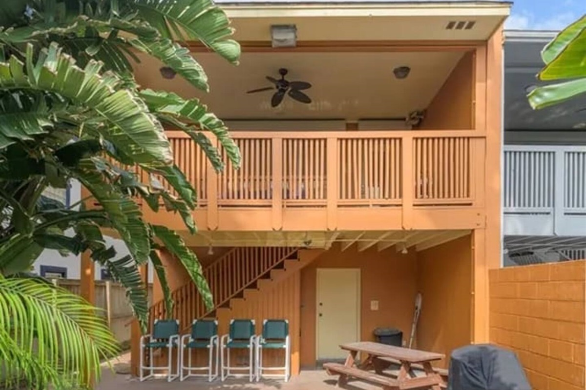Enjoy a cool dip in the plunge pool in this relaxing backyard oasis.