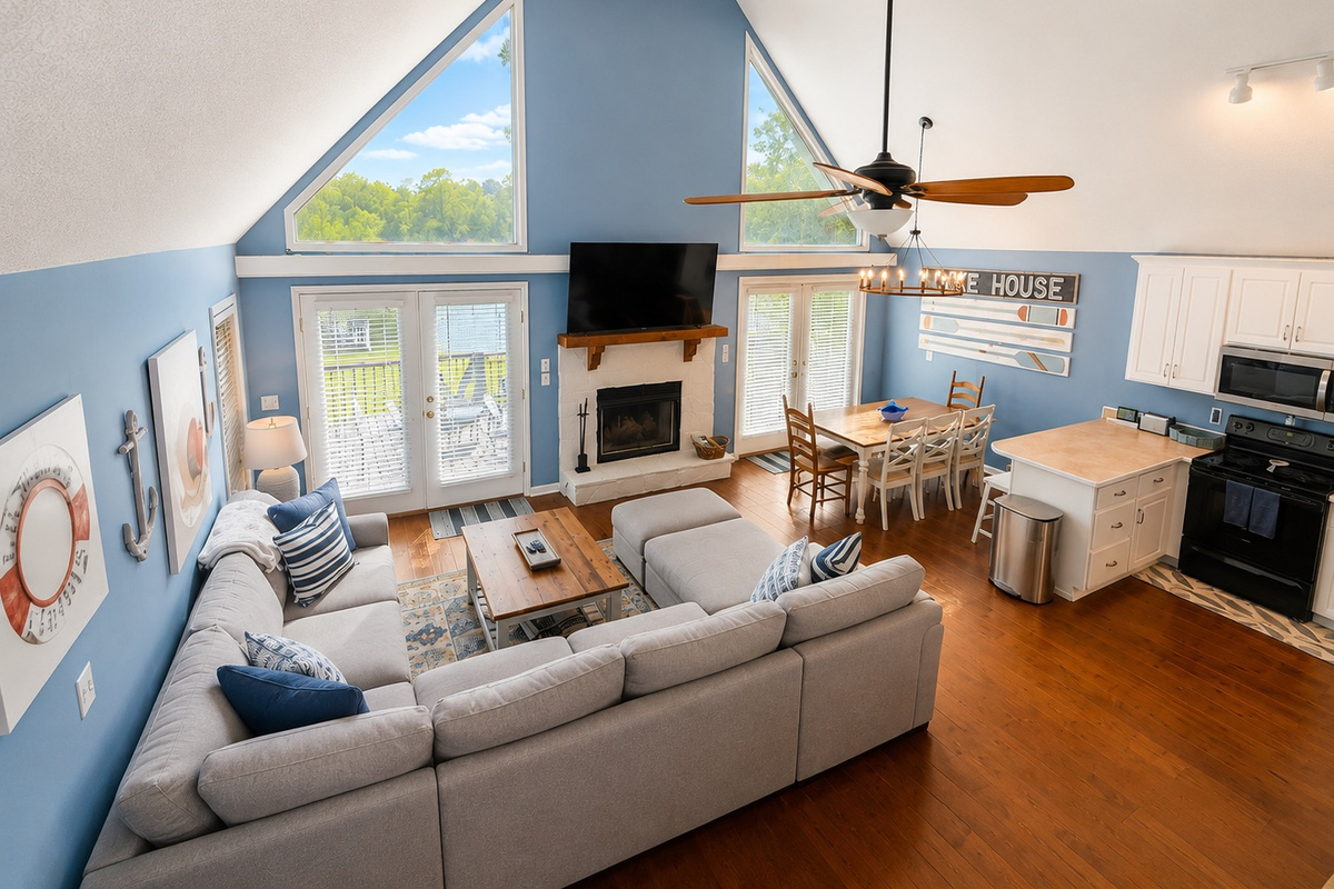Cozy living room with beautiful lake views