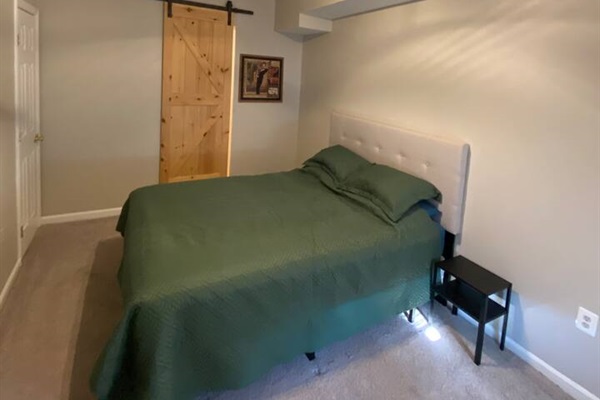 Bedroom with sliding barn door to main living space