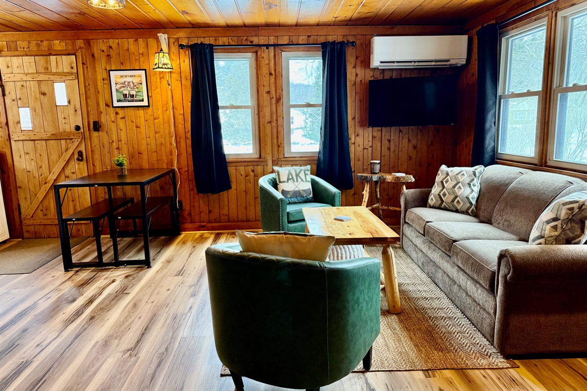 Watch the boats and ducks go down the river from the living room! Equipped with a queen size sofa sleeper.