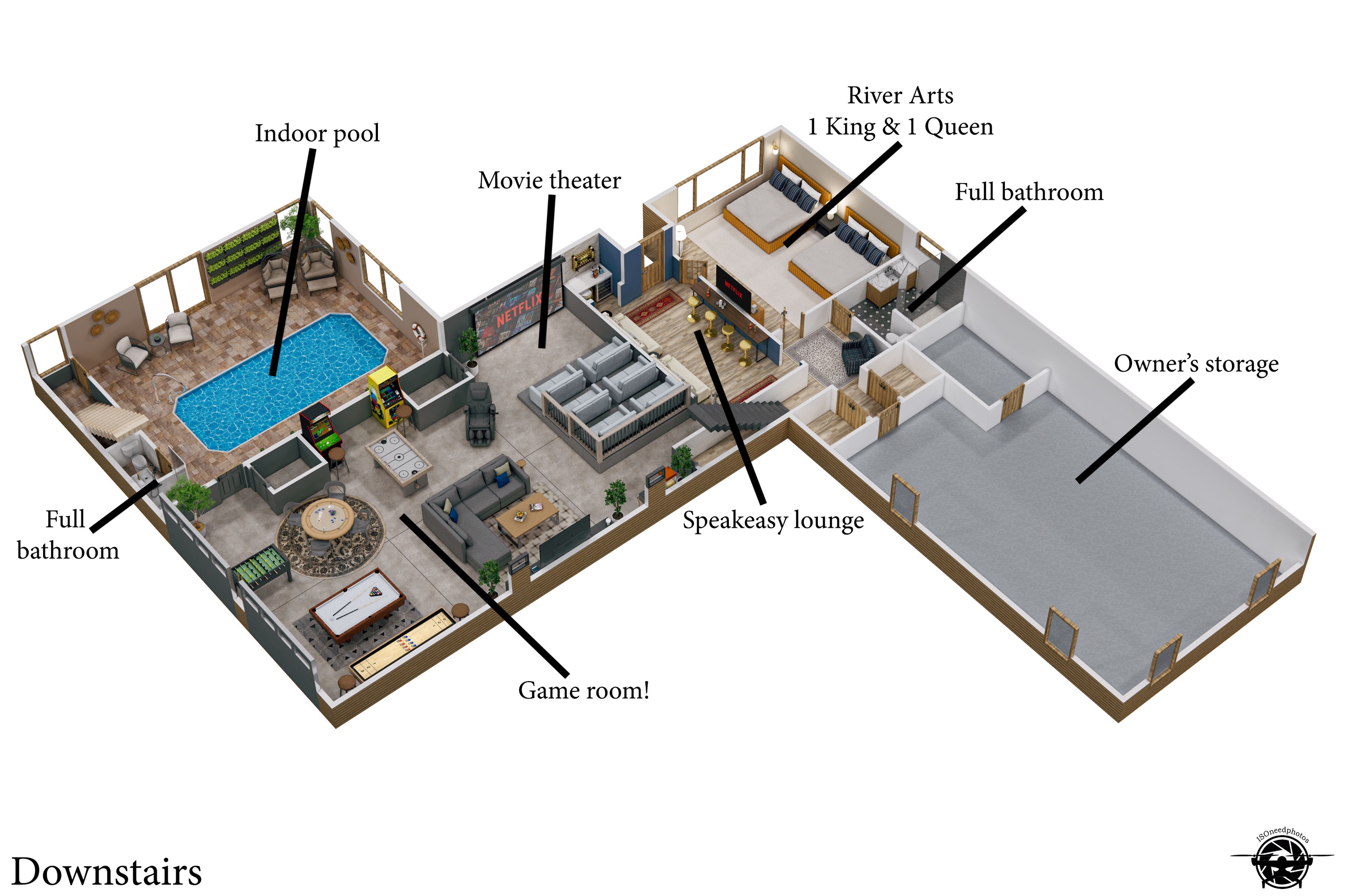 The lower level features the indoor pool, an expansive game room, the Speakeasy Lounge, and the River Arts bedroom.